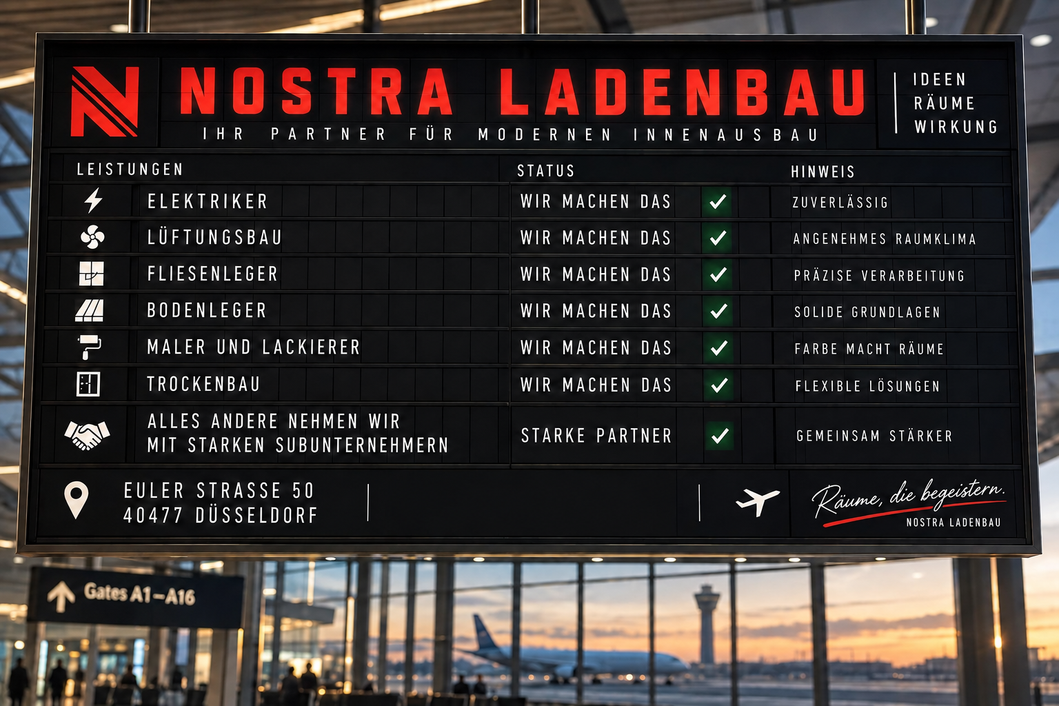 Werbetafel von Nostra Ladenbau mit Leistungen für den Innenausbau