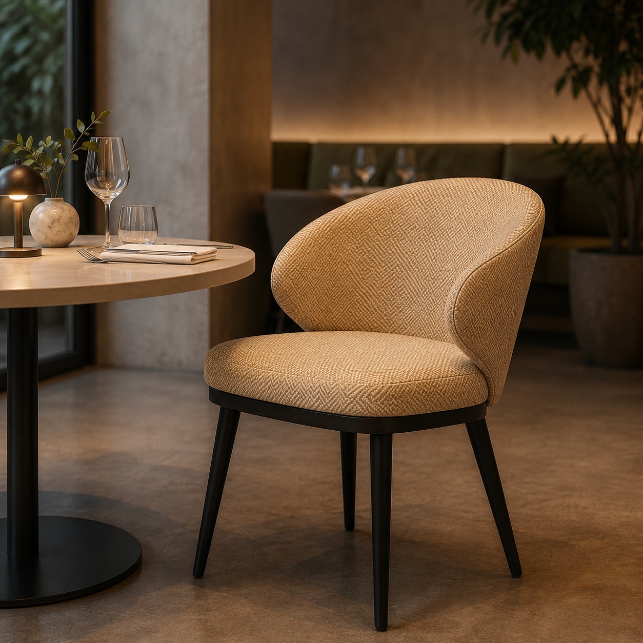 Beiger Polsterstuhl mit abgerundeter Rückenlehne und schwarzen Beinen im Restaurant