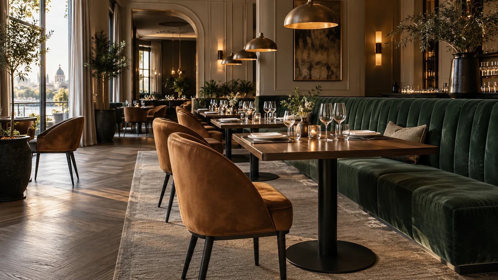 Einrichtungsidee für ein Restaurant mit grüner Sitzbank, gepolsterten Stühlen und Holztischen